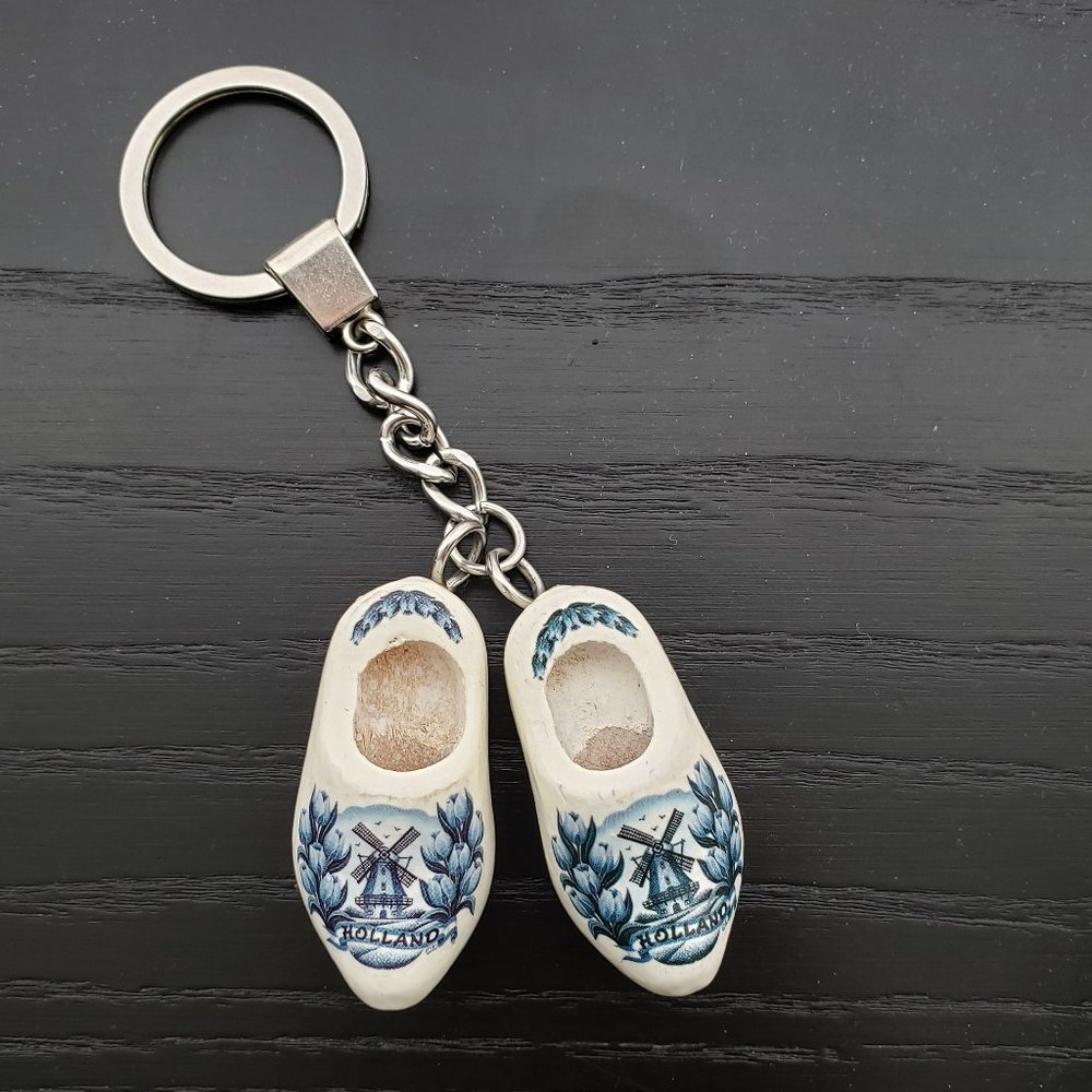Vintage Blue White Dutch Holland Wooden Clogs Keychain